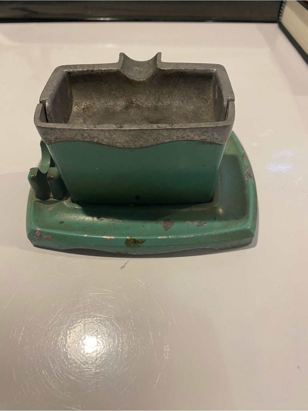 Vintage Green Metal Ashtray and Match Holder